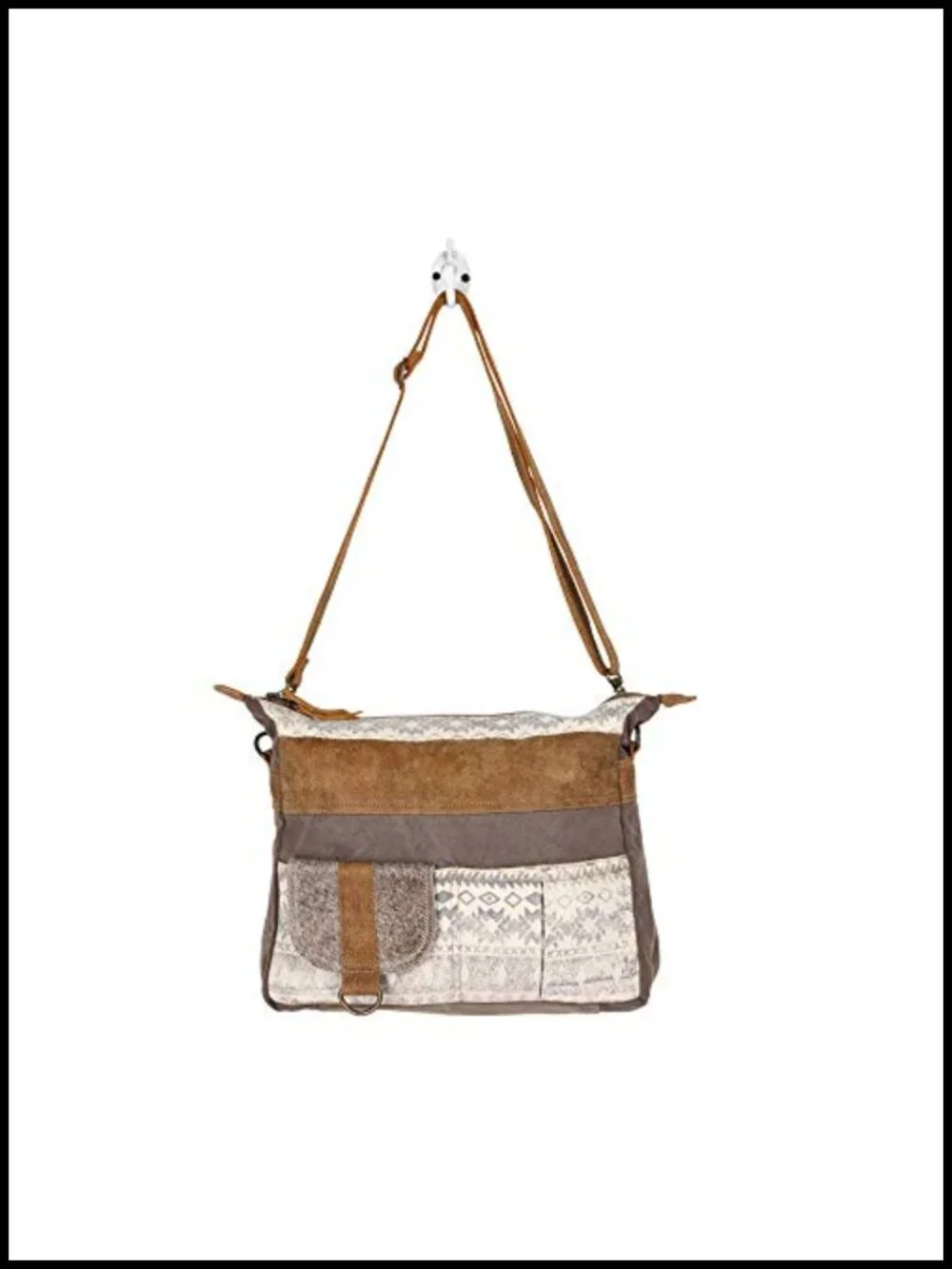 Canvas Mexican Boho Crossbody Bag with Genuine Leather Detailing